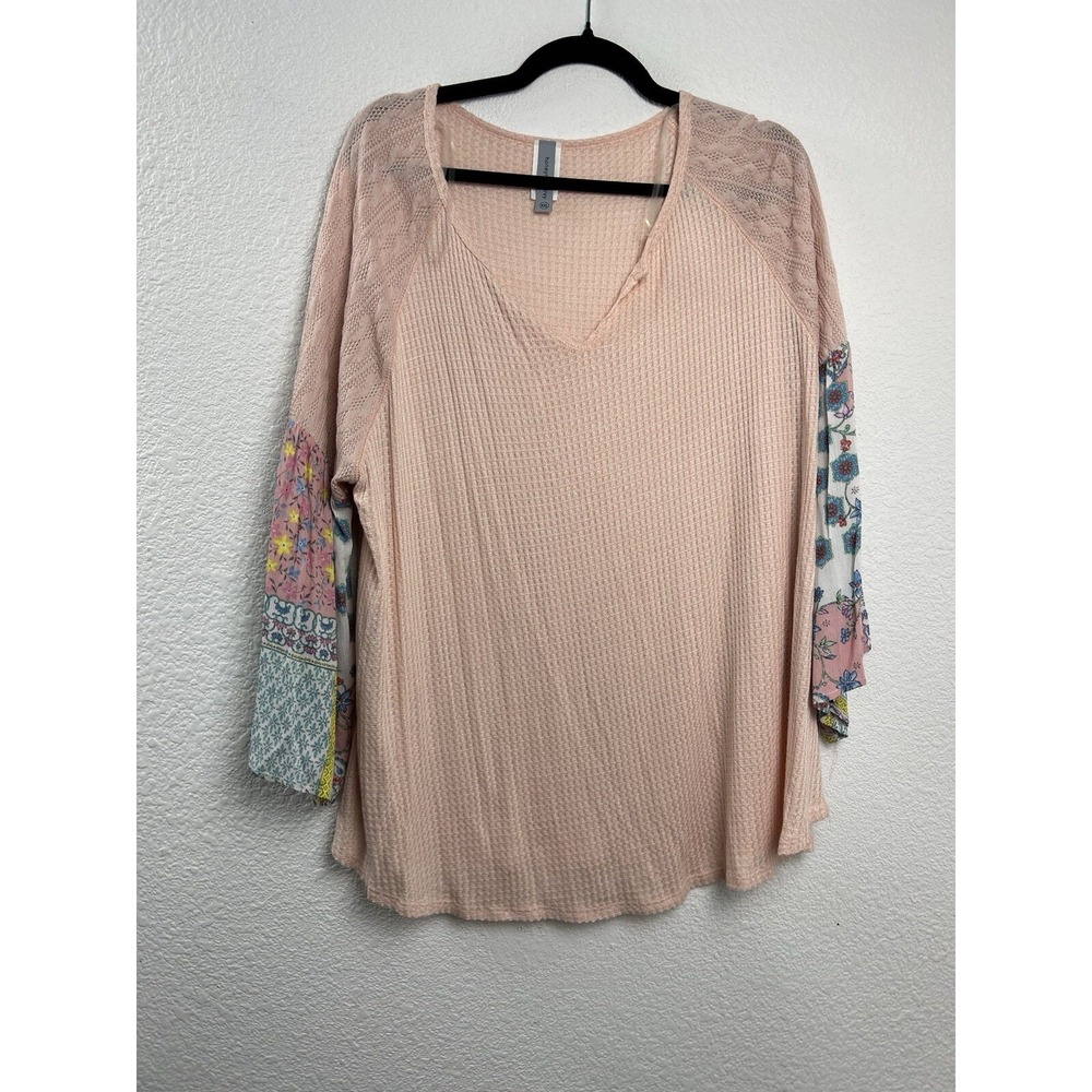 Honeyme Curvy Womens XXL Waffle Knit Flowy Bell Sleeve Top Peach‎ Colorblock
